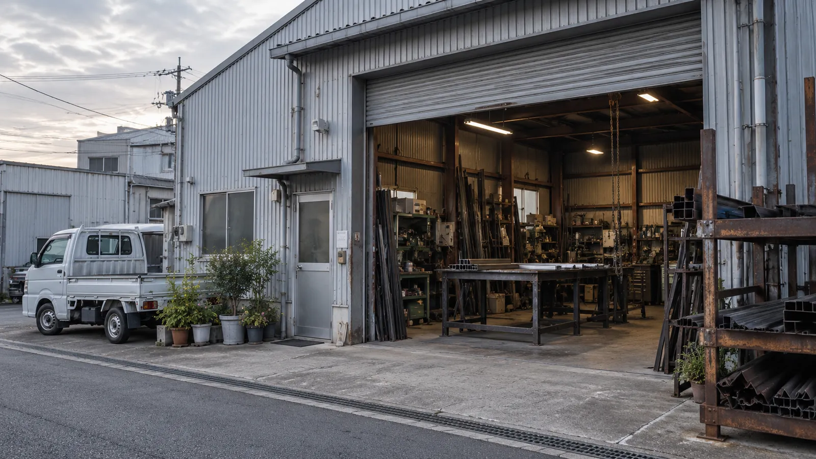 ネロ鉄工所の工場外観。ロールドアが開いた作業場