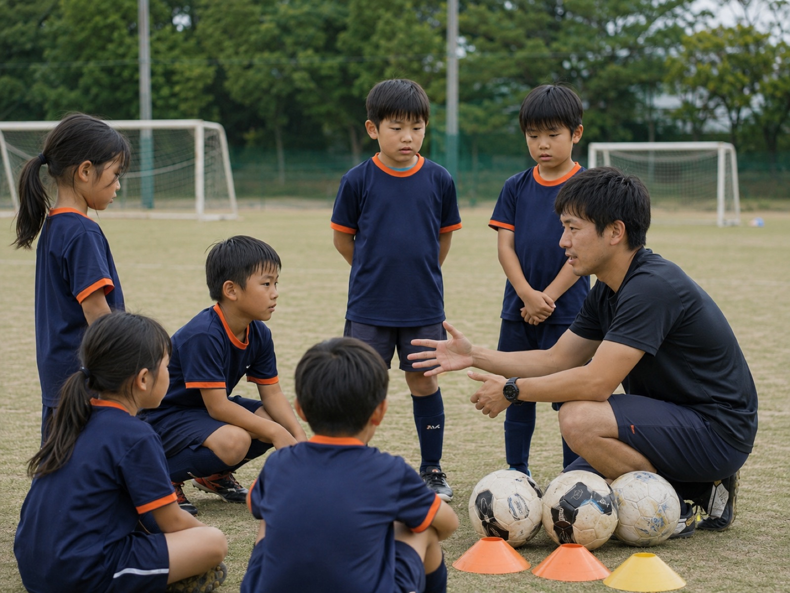 コーチの説明を聞く子どもたち