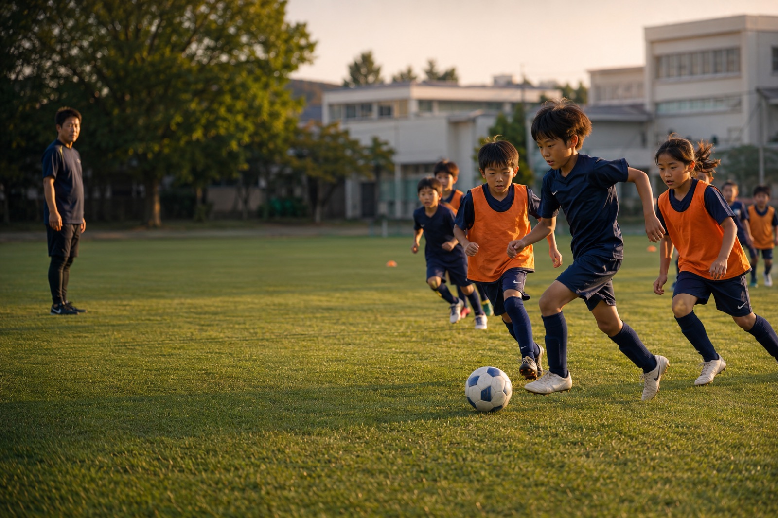 夕方のグラウンドでボールを追う小学生サッカーチームの練習風景