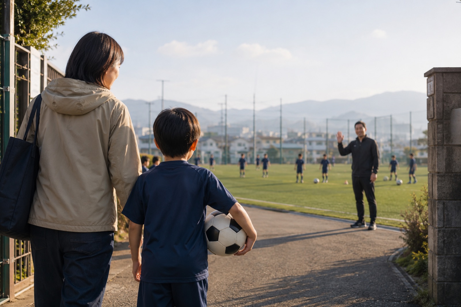 サッカー体験へ向かう親子